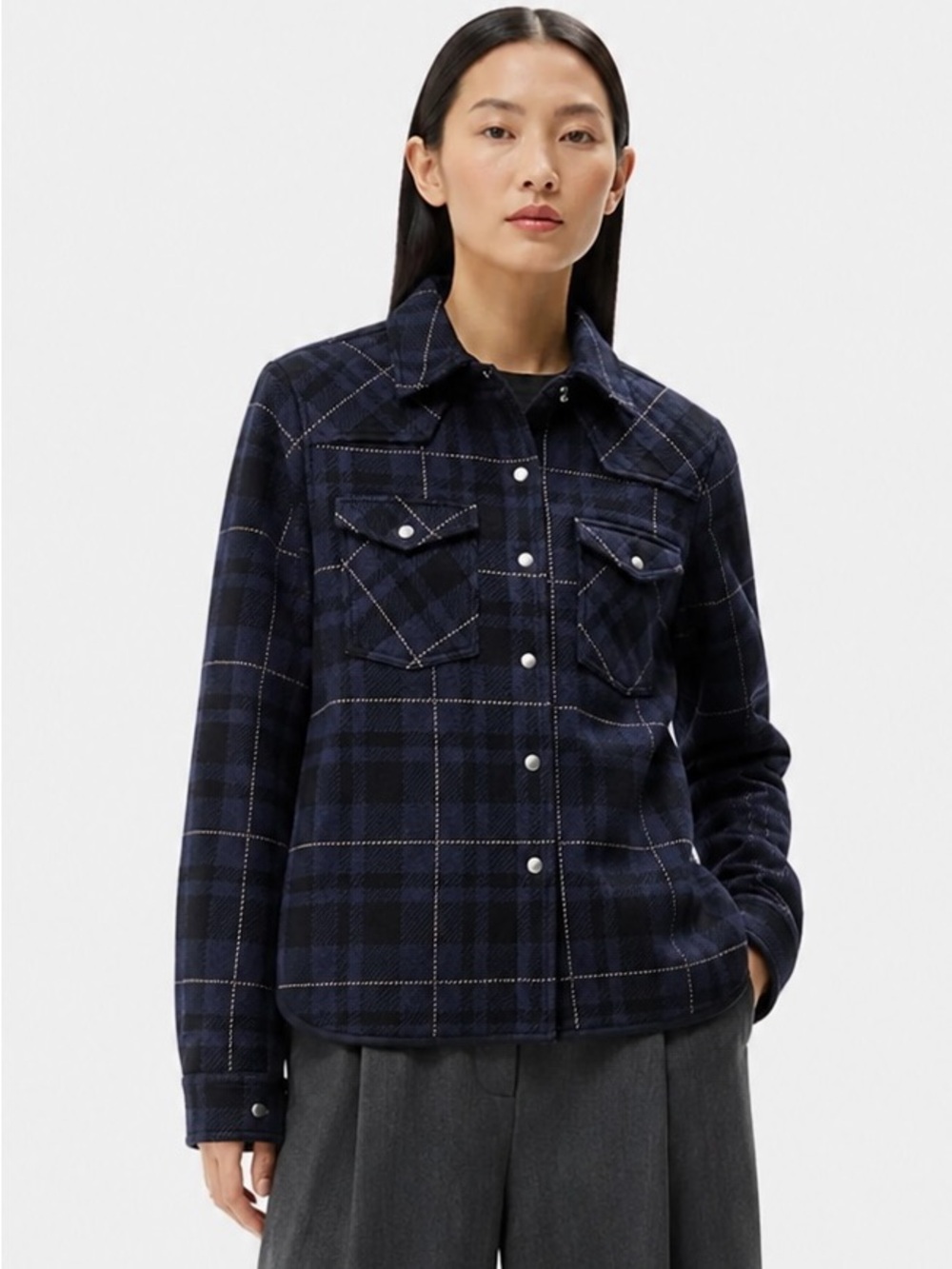 TWP Trisha Wescott Pound Ranchers Cardigan Navy & Black Plaid Button-Up Jacket